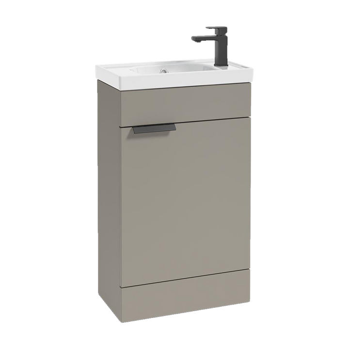 SONAS Stockholm 50cm floorstanding cloakroom vanity unit in Matt Khaki with matt black handles