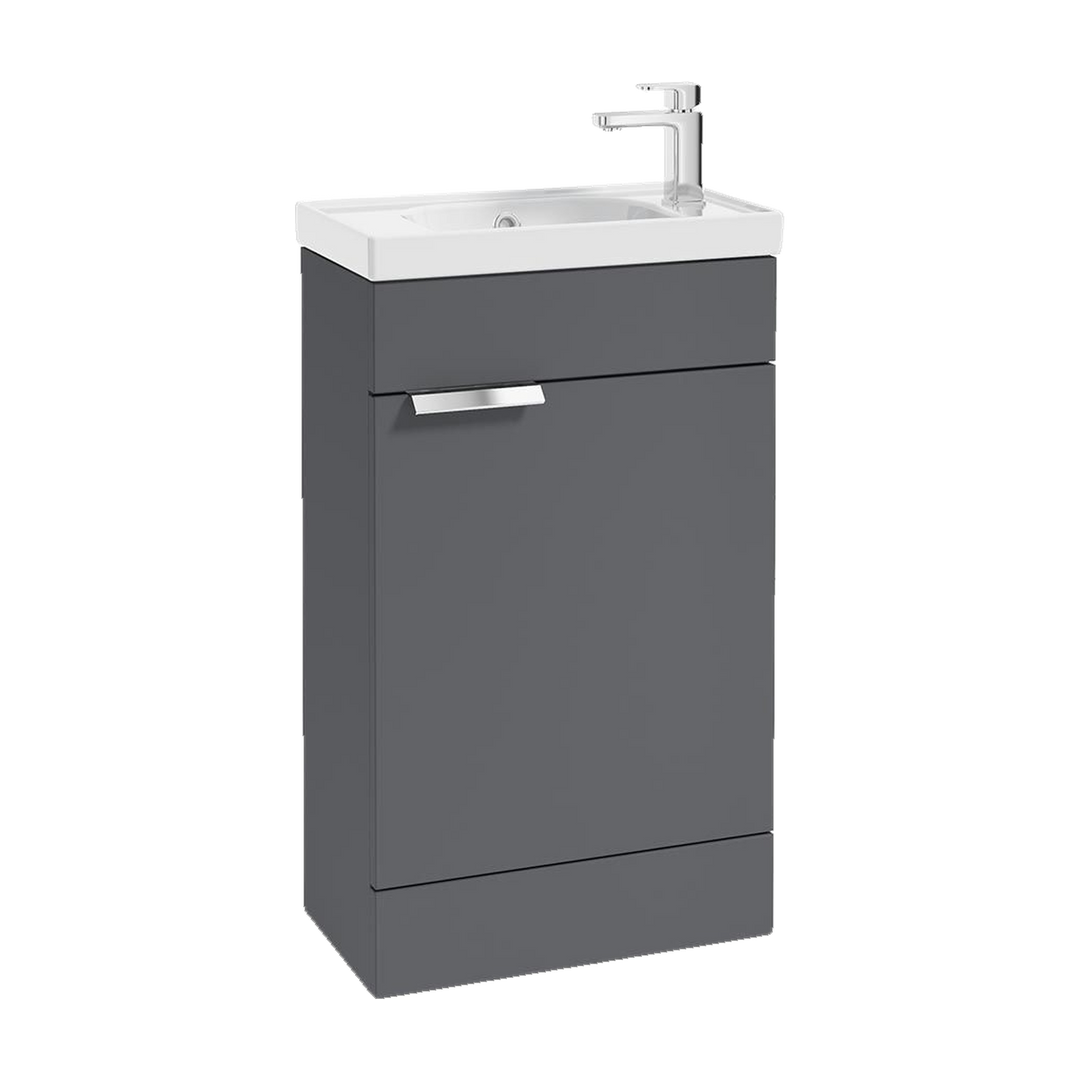 SONAS Stockholm 50cm floorstanding cloakroom vanity unit in Matt Midnight Grey with brushed chrome handles