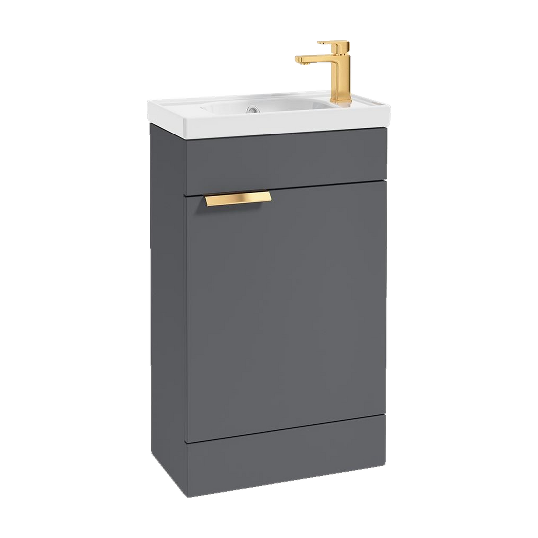 SONAS Stockholm 50cm floorstanding cloakroom vanity unit in Matt Midnight Grey with brushed gold handles