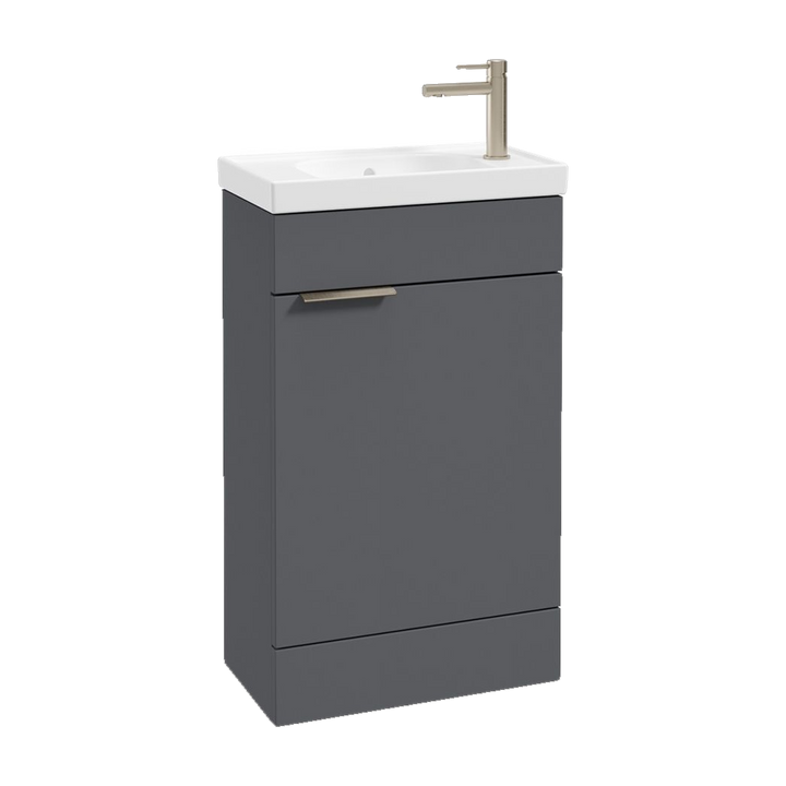 SONAS Stockholm 50cm floorstanding cloakroom vanity unit in Matt Midnight Grey with brushed nickel handles