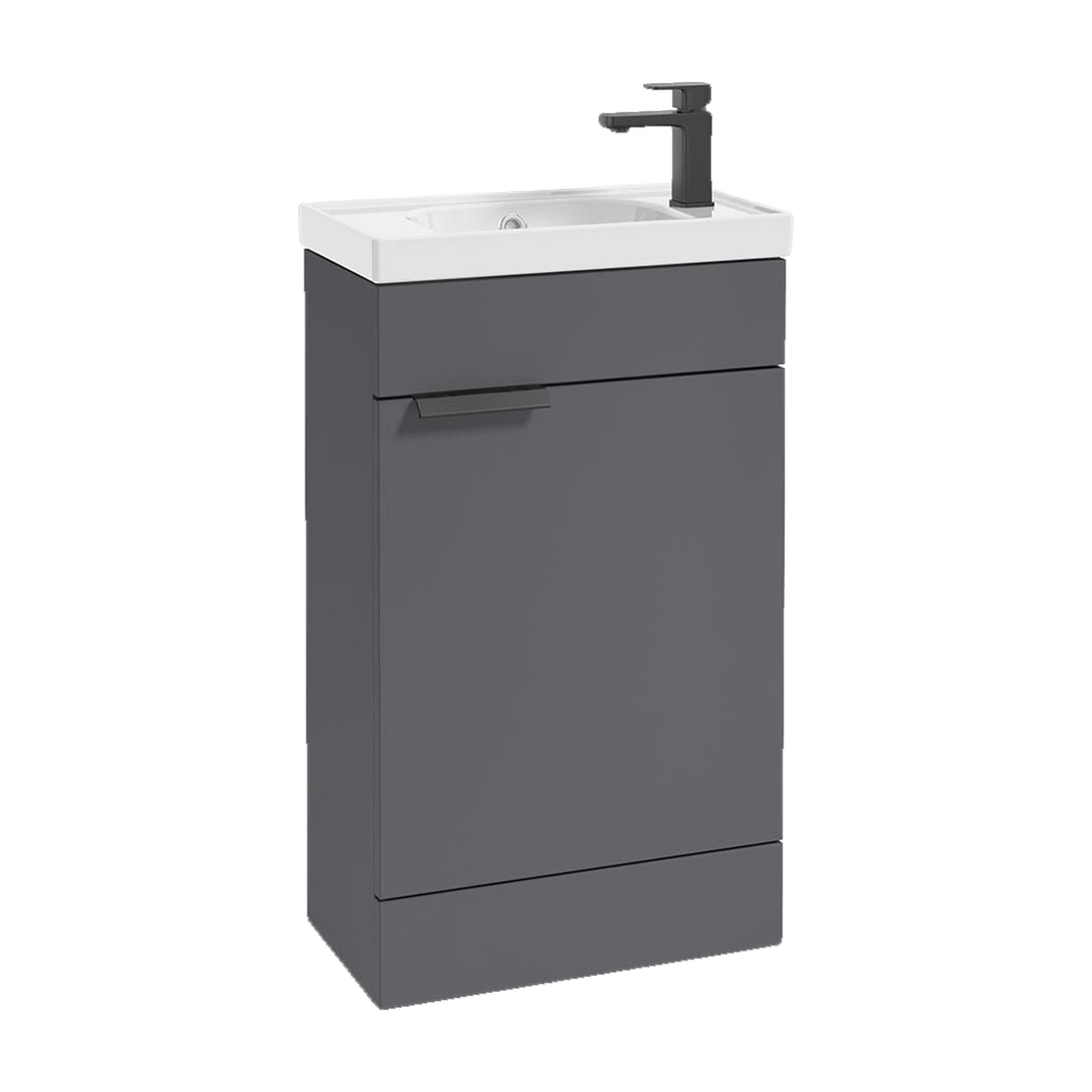 SONAS Stockholm 50cm floorstanding cloakroom vanity unit in Matt Midnight Grey with matt black handles