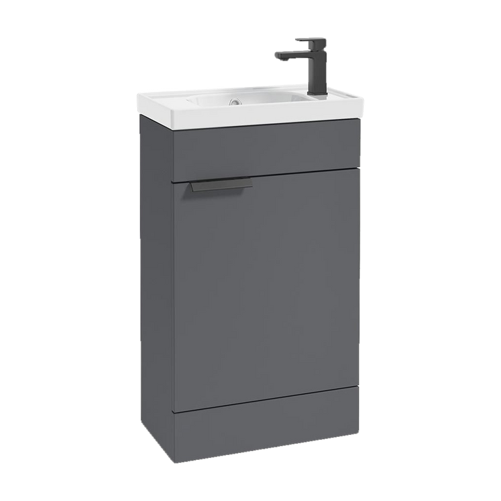 SONAS Stockholm 50cm floorstanding cloakroom vanity unit in Matt Midnight Grey with matt black handles
