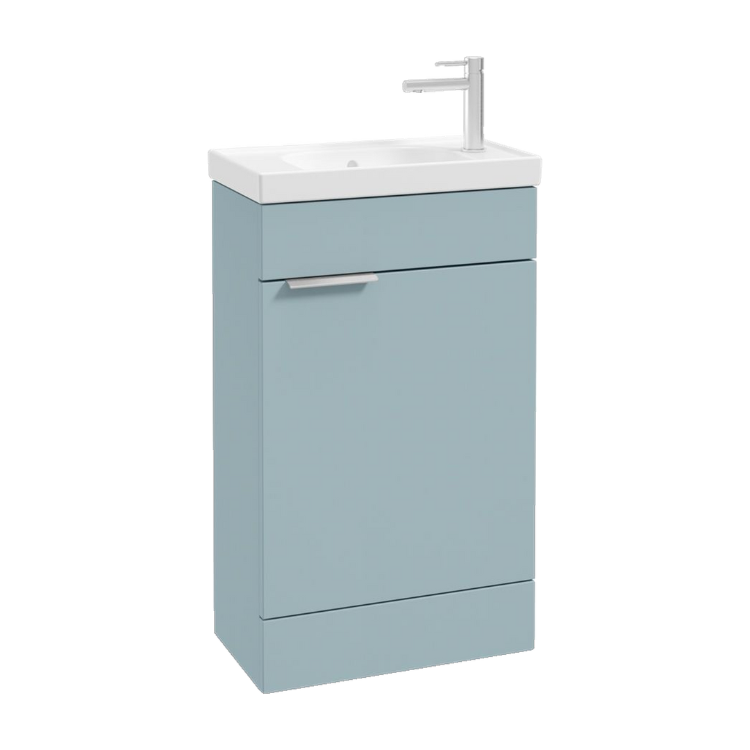 SONAS Stockholm 50cm floorstanding cloakroom vanity unit in Matt Morning Sky Blue with brushed chrome handles