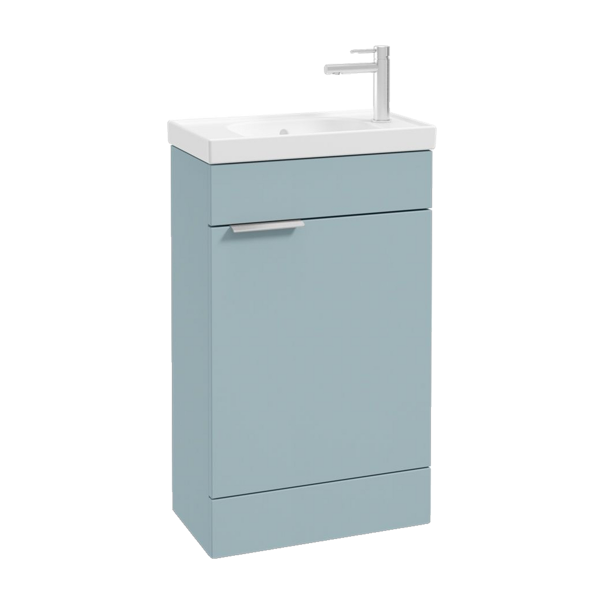 SONAS Stockholm 50cm floorstanding cloakroom vanity unit in Matt Morning Sky Blue with brushed chrome handles