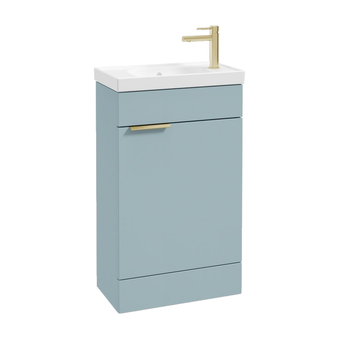 SONAS Stockholm 50cm floorstanding cloakroom vanity unit in Matt Morning Sky Blue with brushed gold handles