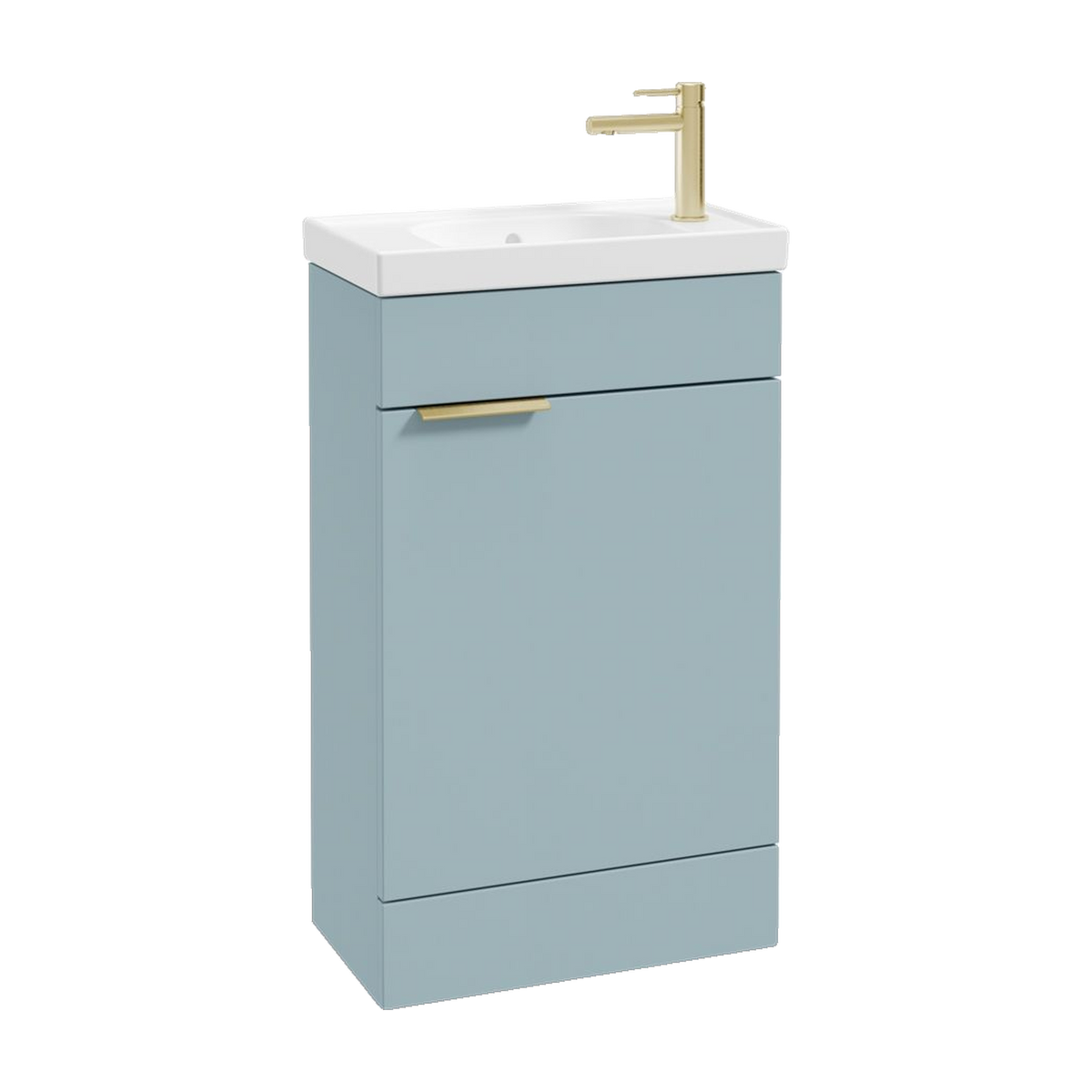 SONAS Stockholm 50cm floorstanding cloakroom vanity unit in Matt Morning Sky Blue with brushed gold handles