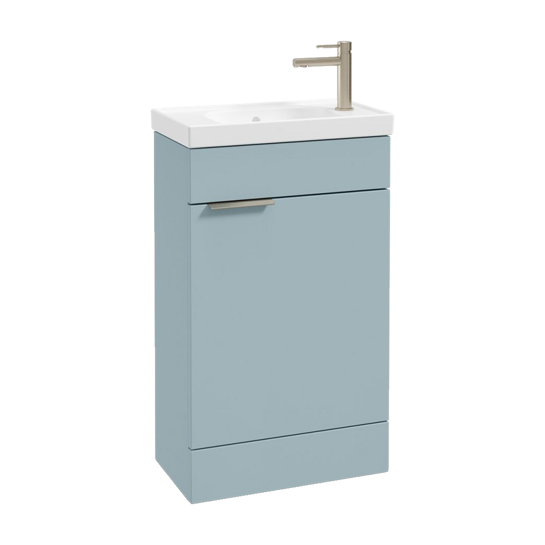 SONAS Stockholm 50cm floorstanding cloakroom vanity unit in Matt Morning Sky Blue with brushed nickel handles