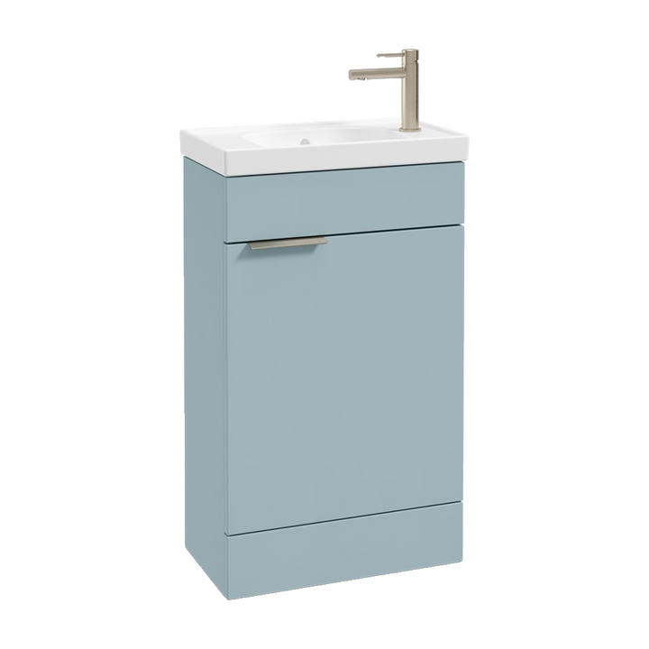 SONAS Stockholm 50cm floorstanding cloakroom vanity unit in Matt Morning Sky Blue with brushed nickel handles