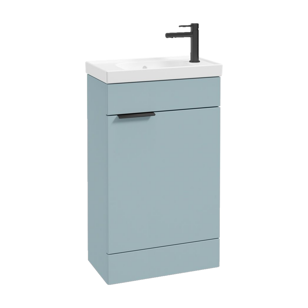 SONAS Stockholm 50cm floorstanding cloakroom vanity unit in Matt Morning Sky Blue with matt black handles