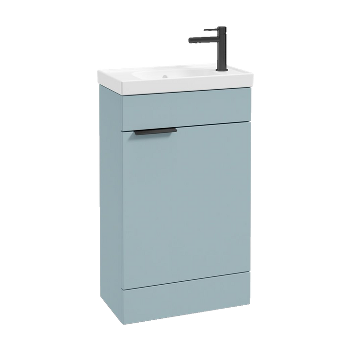SONAS Stockholm 50cm floorstanding cloakroom vanity unit in Matt Morning Sky Blue with matt black handles