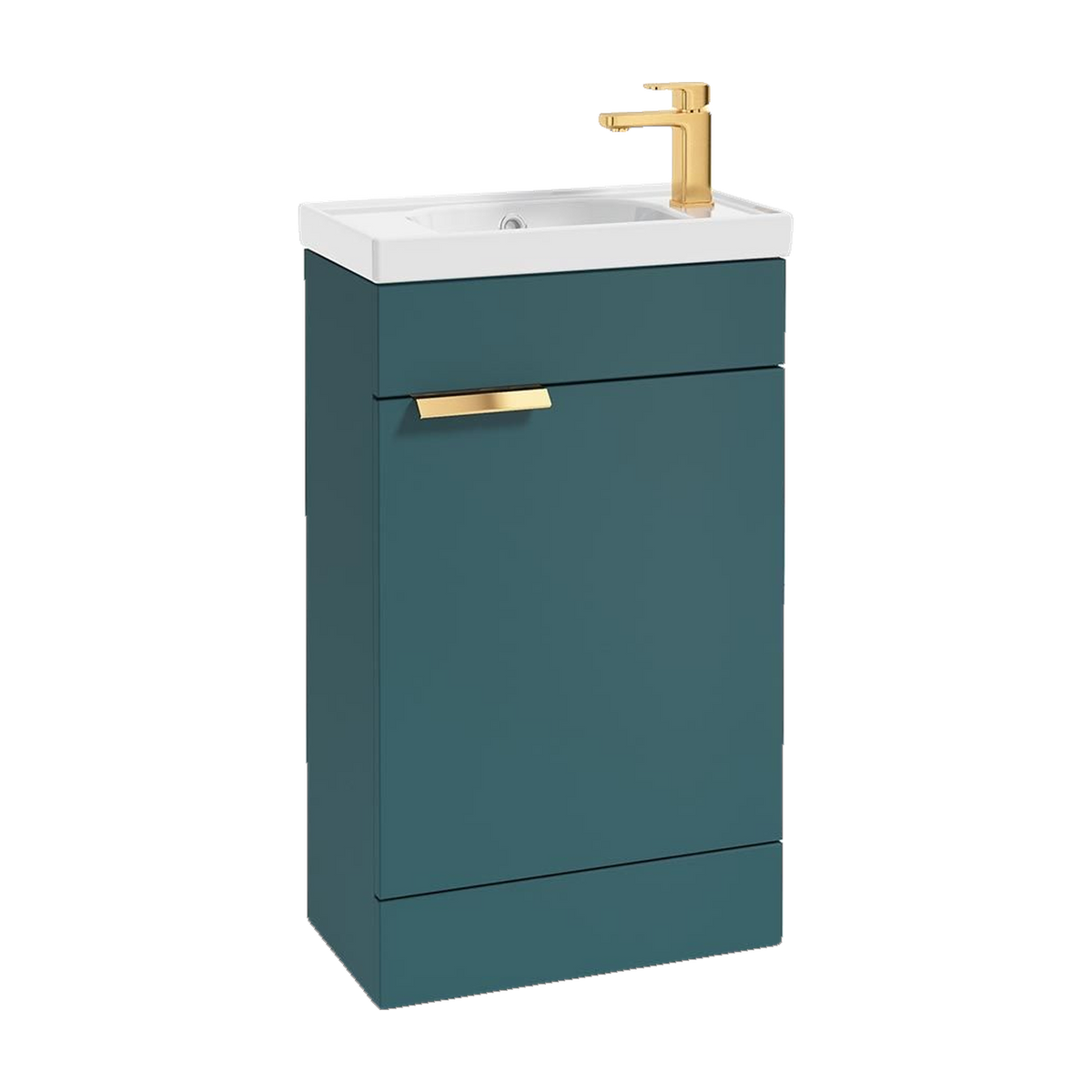 SONAS Stockholm 50cm floorstanding cloakroom vanity unit in Matt Ocean Blue with brushed gold handles