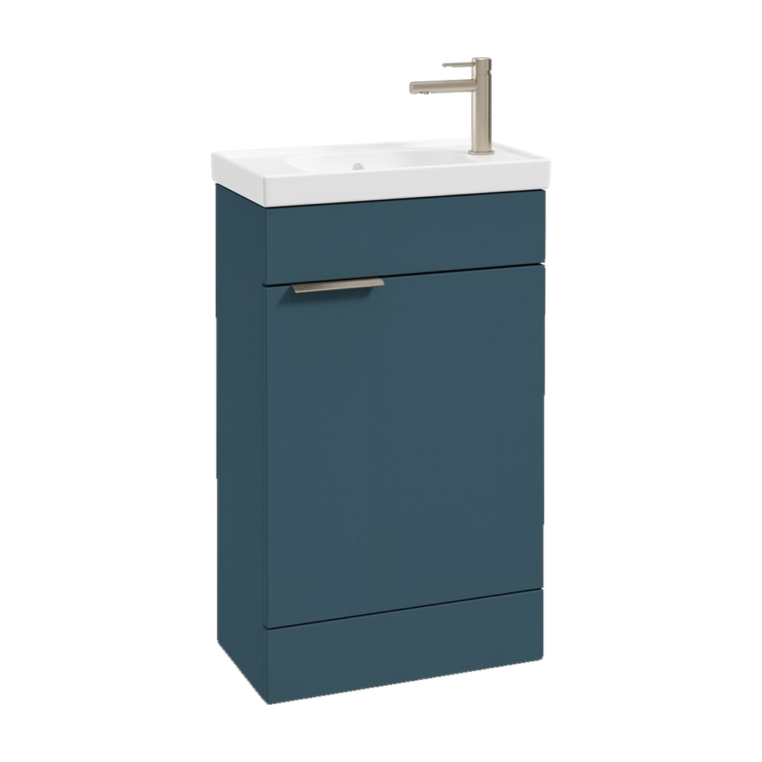 SONAS Stockholm 50cm floorstanding cloakroom vanity unit in Matt Ocean Blue with brushed nickel handles