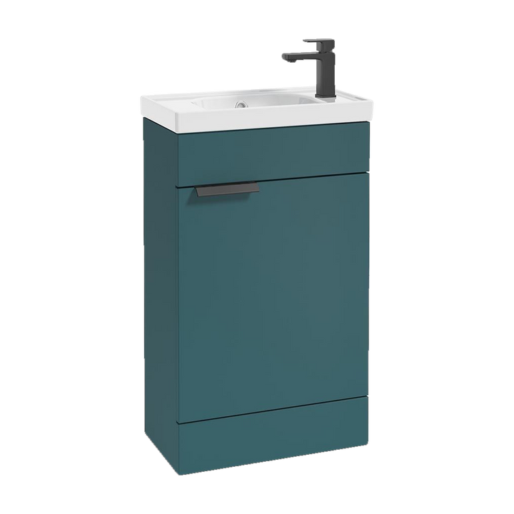 SONAS Stockholm 50cm floorstanding cloakroom vanity unit in Matt Ocean Blue with matt black handles