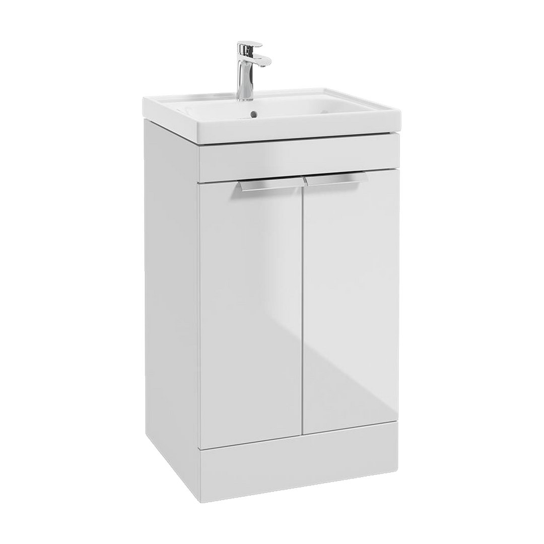 SONAS Stockholm 50cm floorstanding two door vanity unit in Gloss White with brushed chrome handles