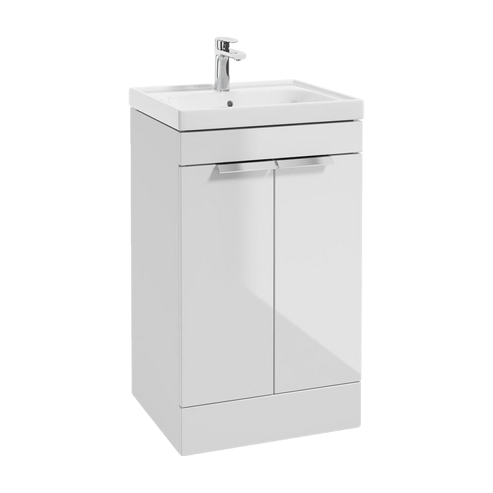 SONAS Stockholm 50cm floorstanding two door vanity unit in Gloss White with brushed chrome handles