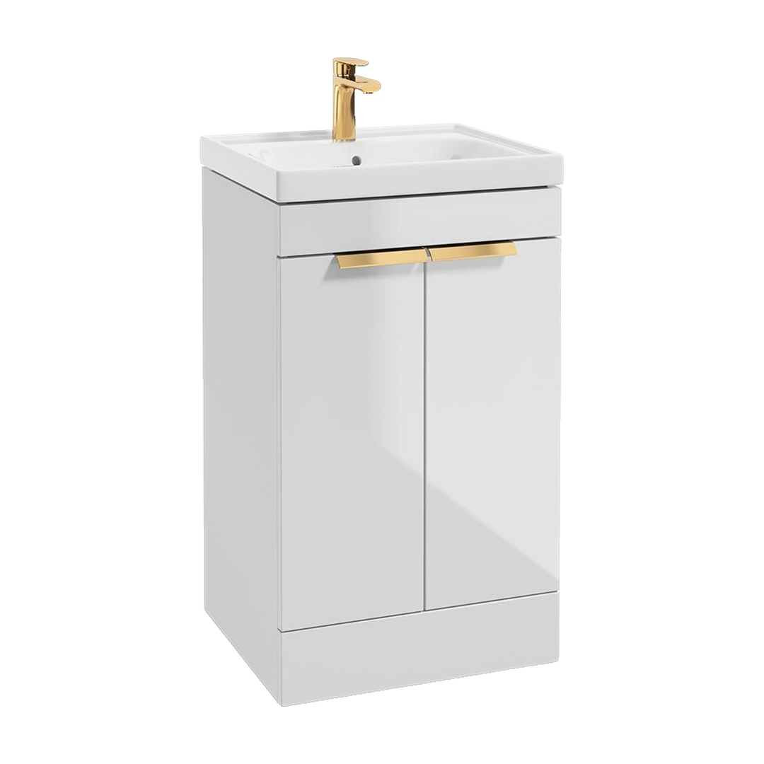 SONAS Stockholm 50cm floorstanding two door vanity unit in Gloss White with brushed gold handles