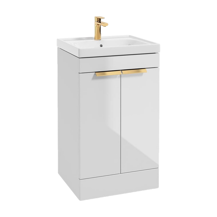 SONAS Stockholm 50cm floorstanding two door vanity unit in Gloss White with brushed gold handles