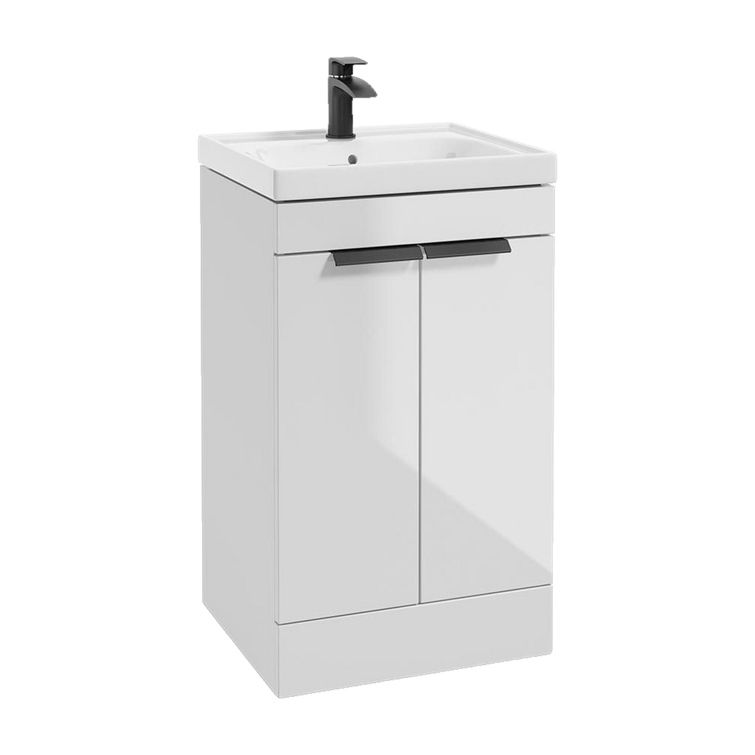 SONAS Stockholm 50cm floorstanding two door vanity unit in Gloss White with matt black handles