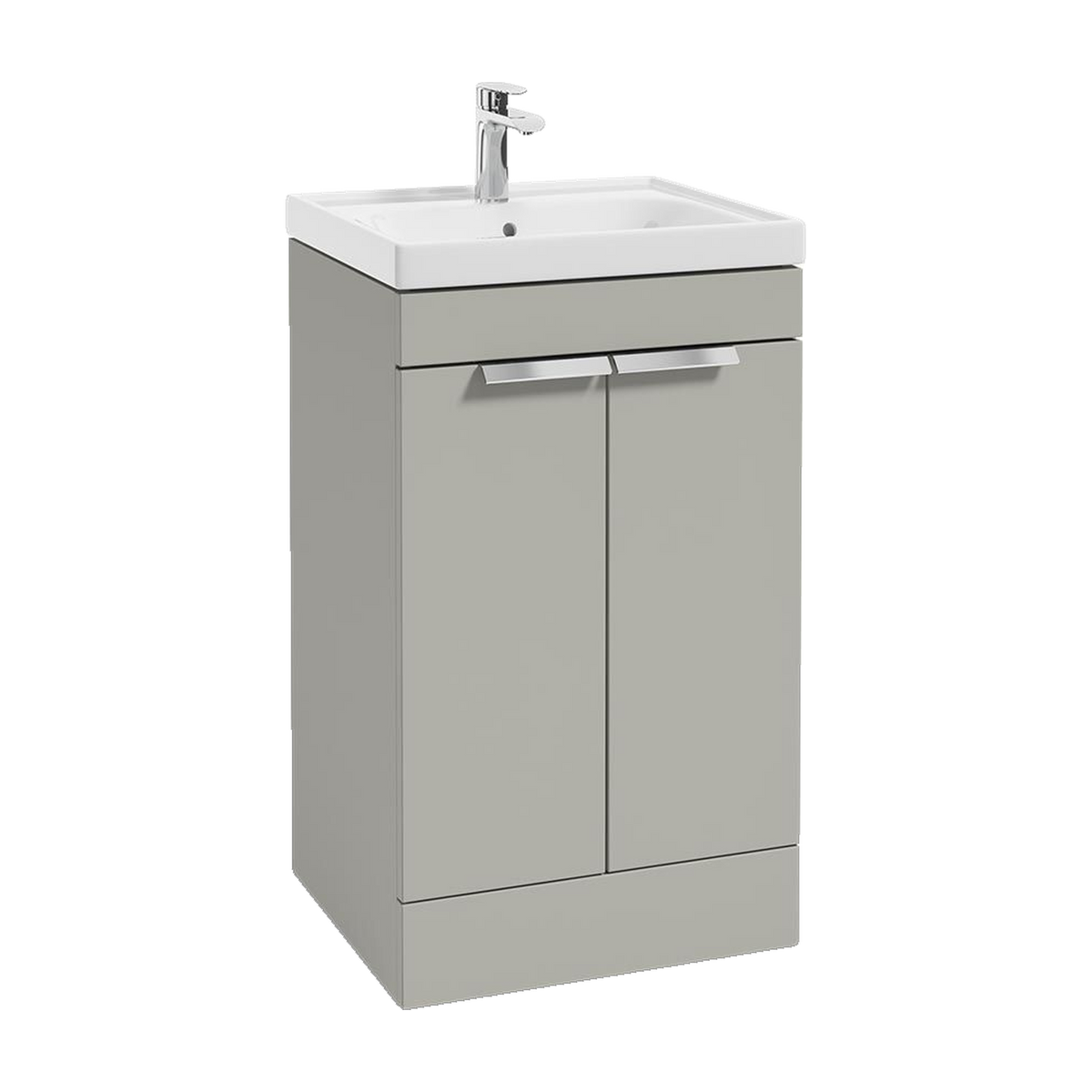 SONAS Stockholm 50cm floorstanding two door vanity unit in Matt Arctic Grey with brushed chrome handles