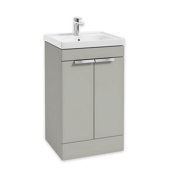 SONAS Stockholm 50cm floorstanding two door vanity unit in Matt Arctic Grey with brushed chrome handles