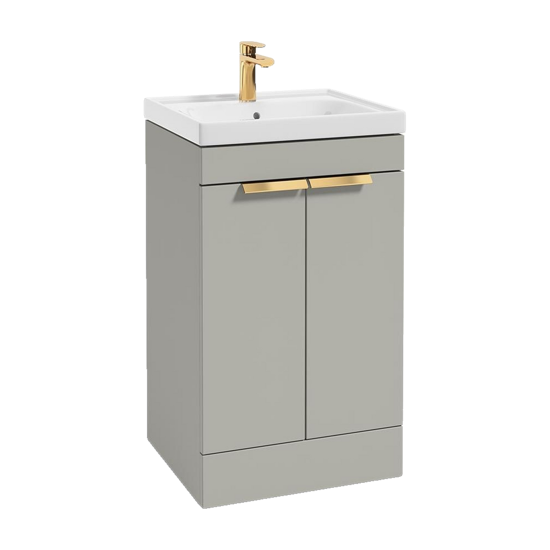 SONAS Stockholm 50cm floorstanding two door vanity unit in Matt Arctic Grey with brushed gold handles