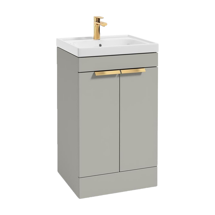 SONAS Stockholm 50cm floorstanding two door vanity unit in Matt Arctic Grey with brushed gold handles
