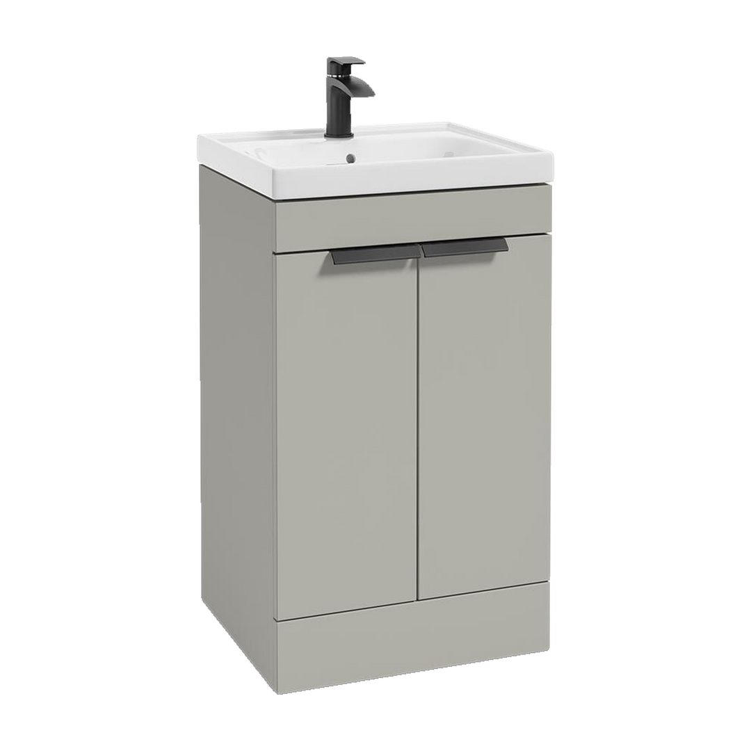 SONAS Stockholm 50cm floorstanding two door vanity unit in Matt Arctic Grey with matt black handles