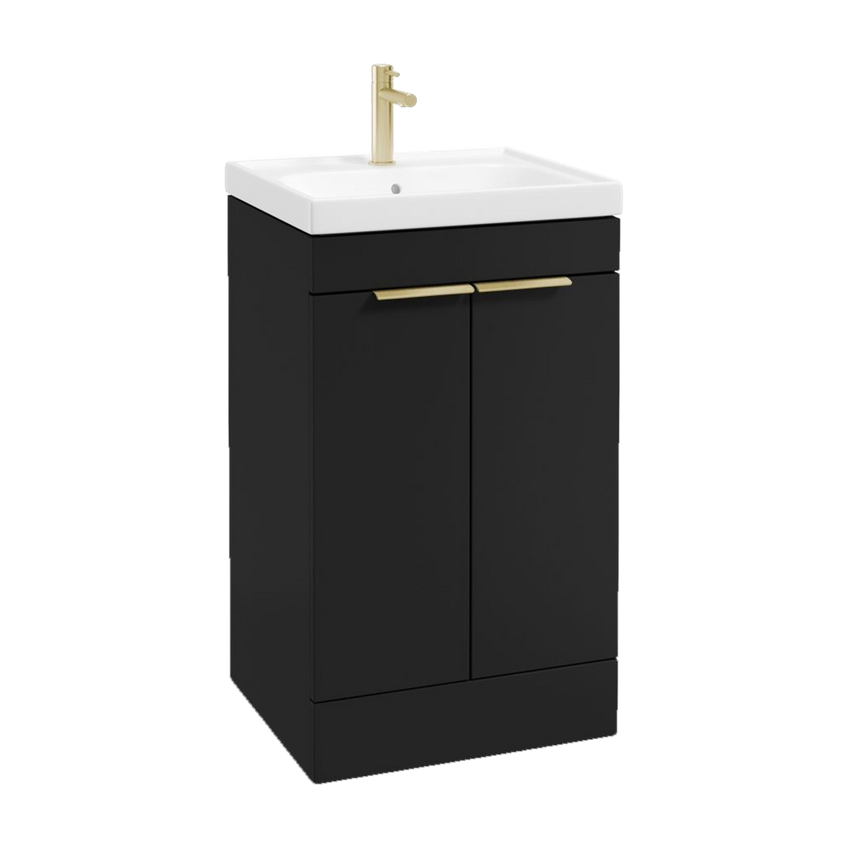 SONAS Stockholm 50cm floorstanding two door vanity unit in Matt Black with brushed gold handles