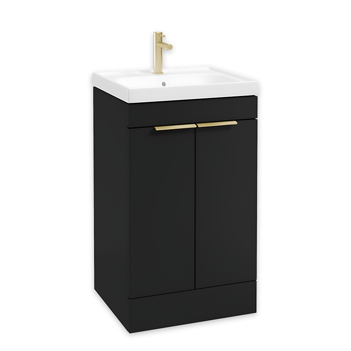 SONAS Stockholm 50cm floorstanding two door vanity unit in Matt Black with brushed gold handles