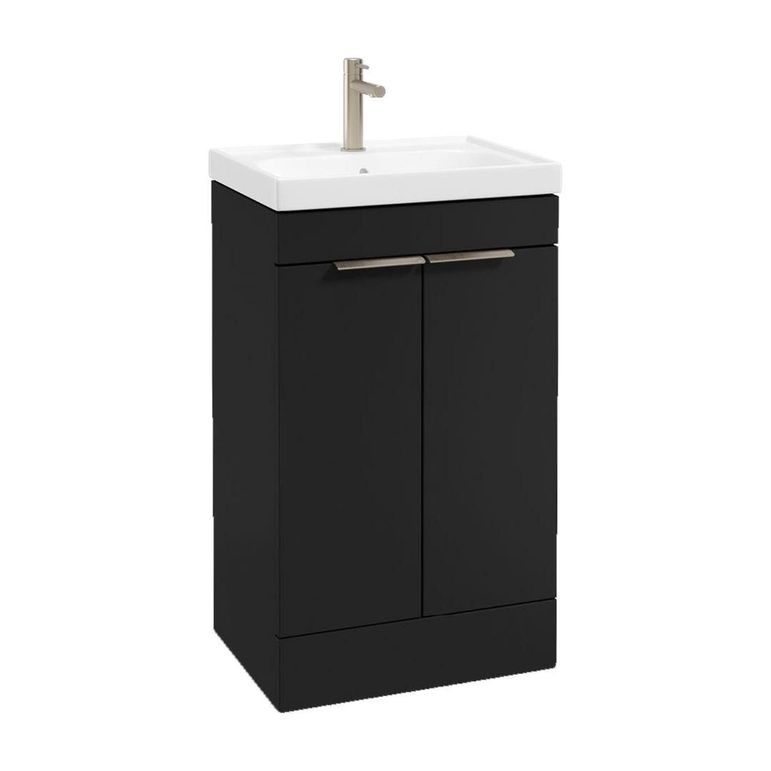 SONAS Stockholm 50cm floorstanding two door vanity unit in Matt Black with brushed nickel handles