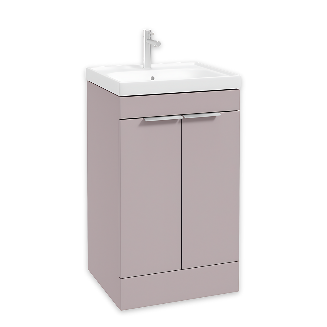 SONAS Stockholm 50cm floorstanding two door vanity unit in Matt Cashmere Pink with brushed chrome handles