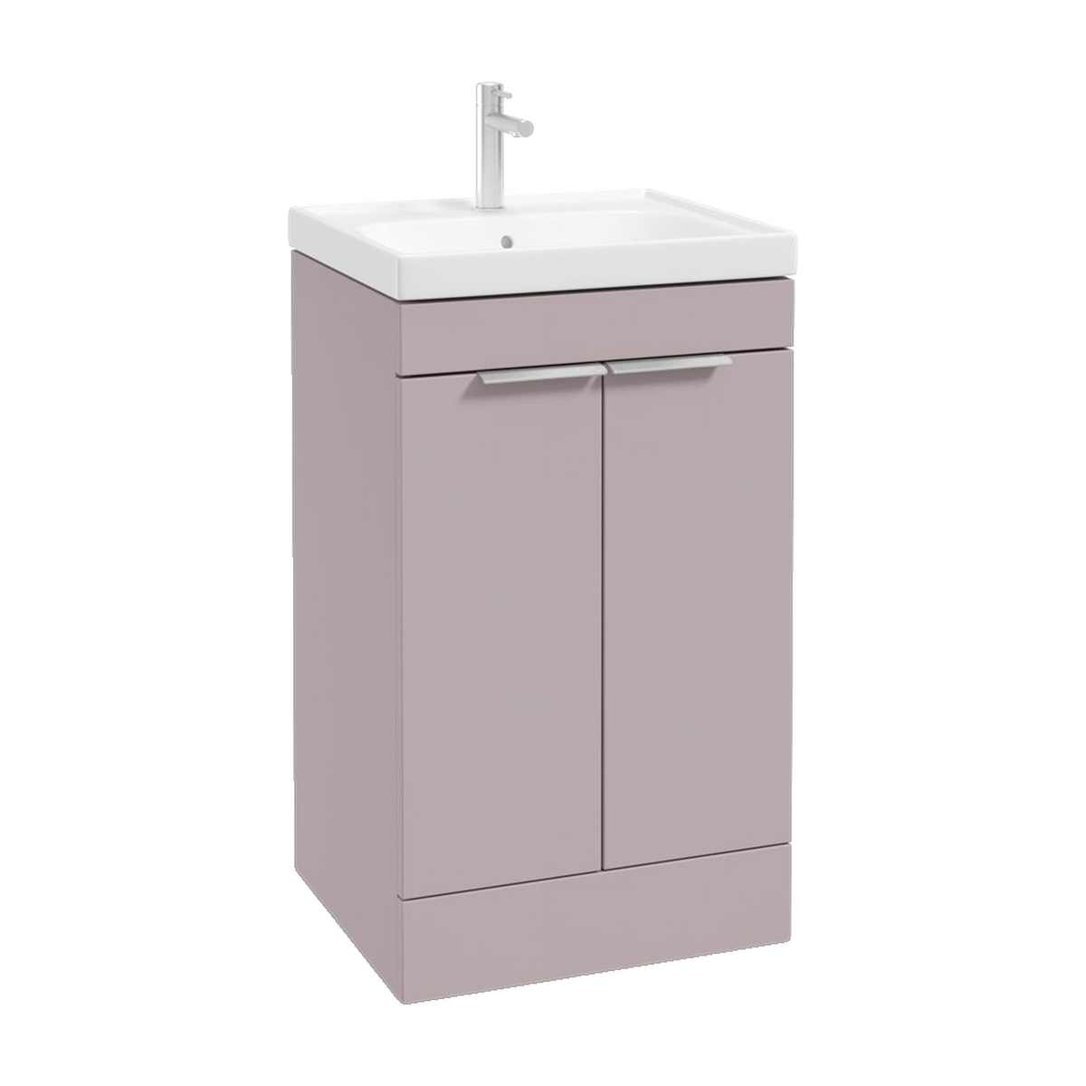 SONAS Stockholm 50cm floorstanding two door vanity unit in Matt Cashmere Pink with brushed chrome handles