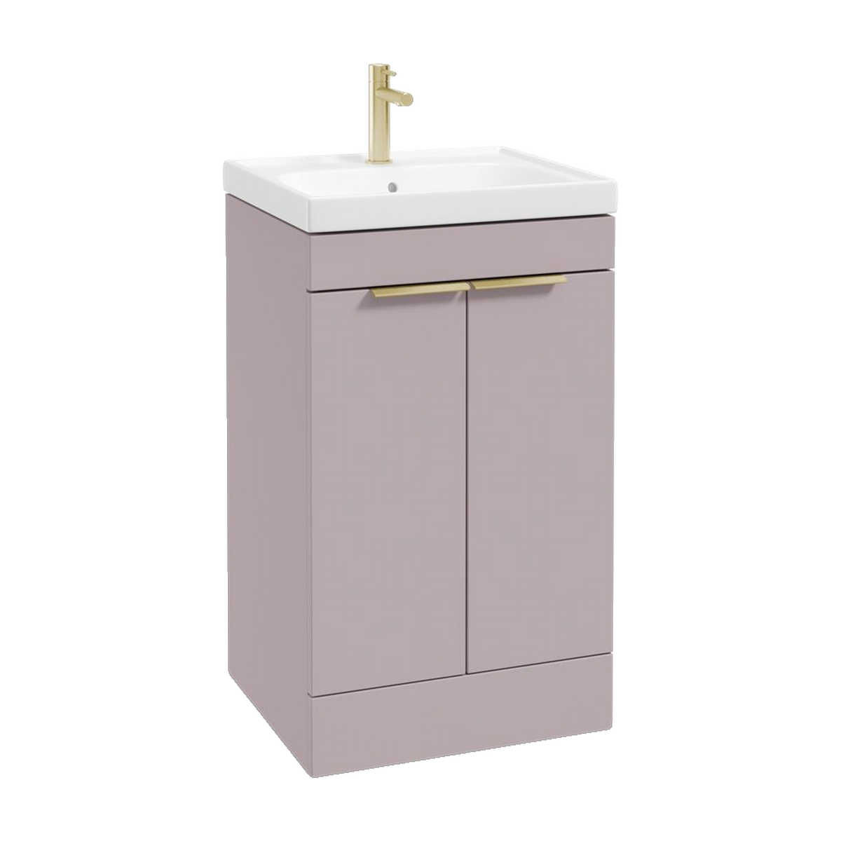SONAS Stockholm 50cm floorstanding two door vanity unit in Matt Cashmere Pink with brushed gold handles