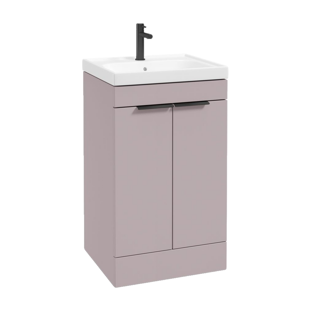 SONAS Stockholm 50cm floorstanding two door vanity unit in Matt Cashmere Pink with matt black handles