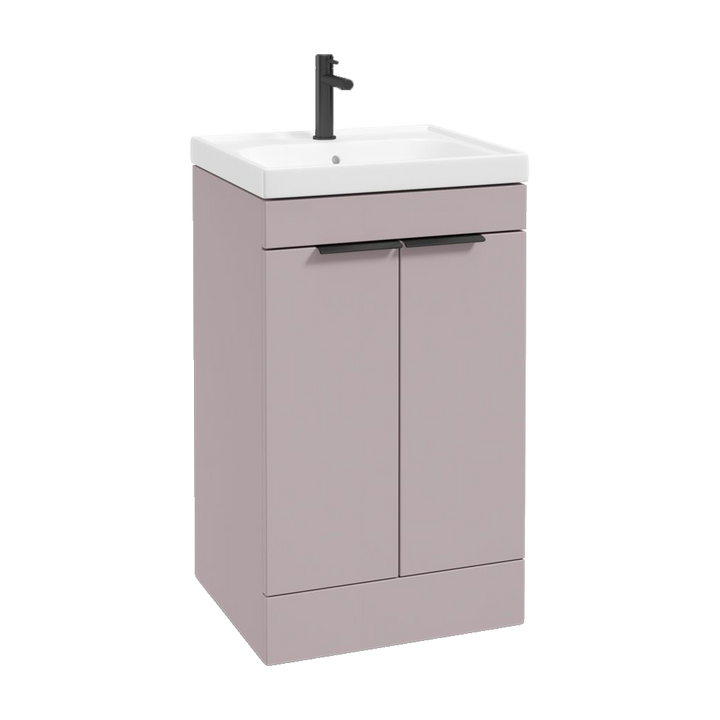 SONAS Stockholm 50cm floorstanding two door vanity unit in Matt Cashmere Pink with matt black handles
