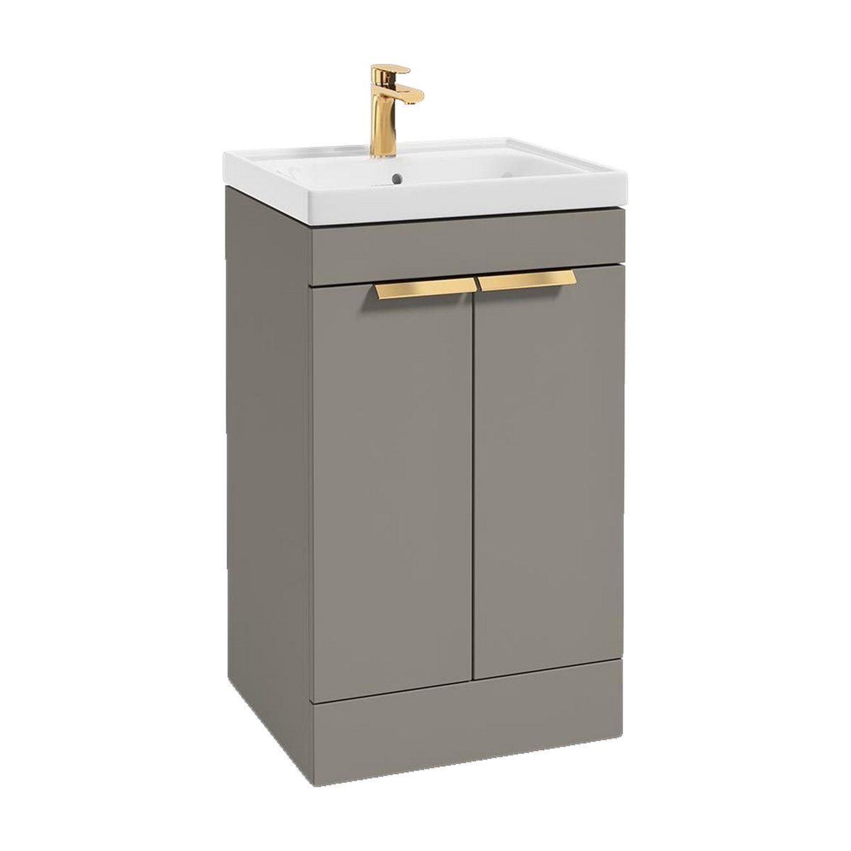 SONAS Stockholm 50cm floorstanding two door vanity unit in Matt Khaki with brushed gold handles