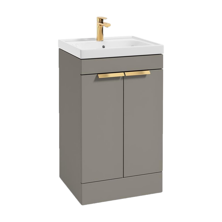 SONAS Stockholm 50cm floorstanding two door vanity unit in Matt Khaki with brushed gold handles
