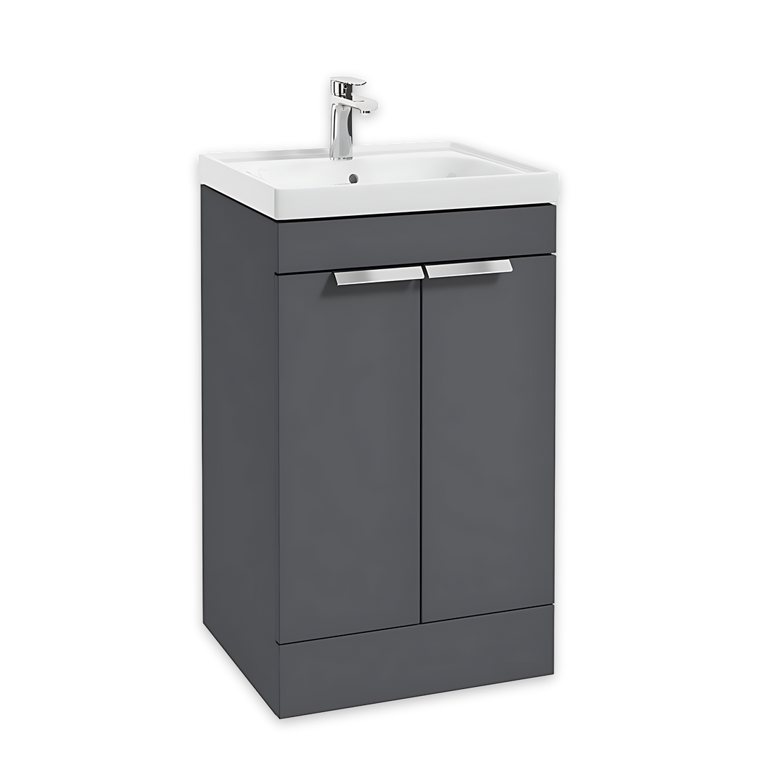 SONAS Stockholm 50cm floorstanding two door vanity unit in Matt Midnight Grey with brushed chrome handles