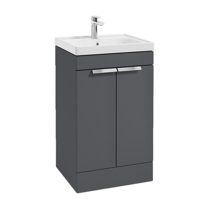 SONAS Stockholm 50cm floorstanding two door vanity unit in Matt Midnight Grey with brushed chrome handles