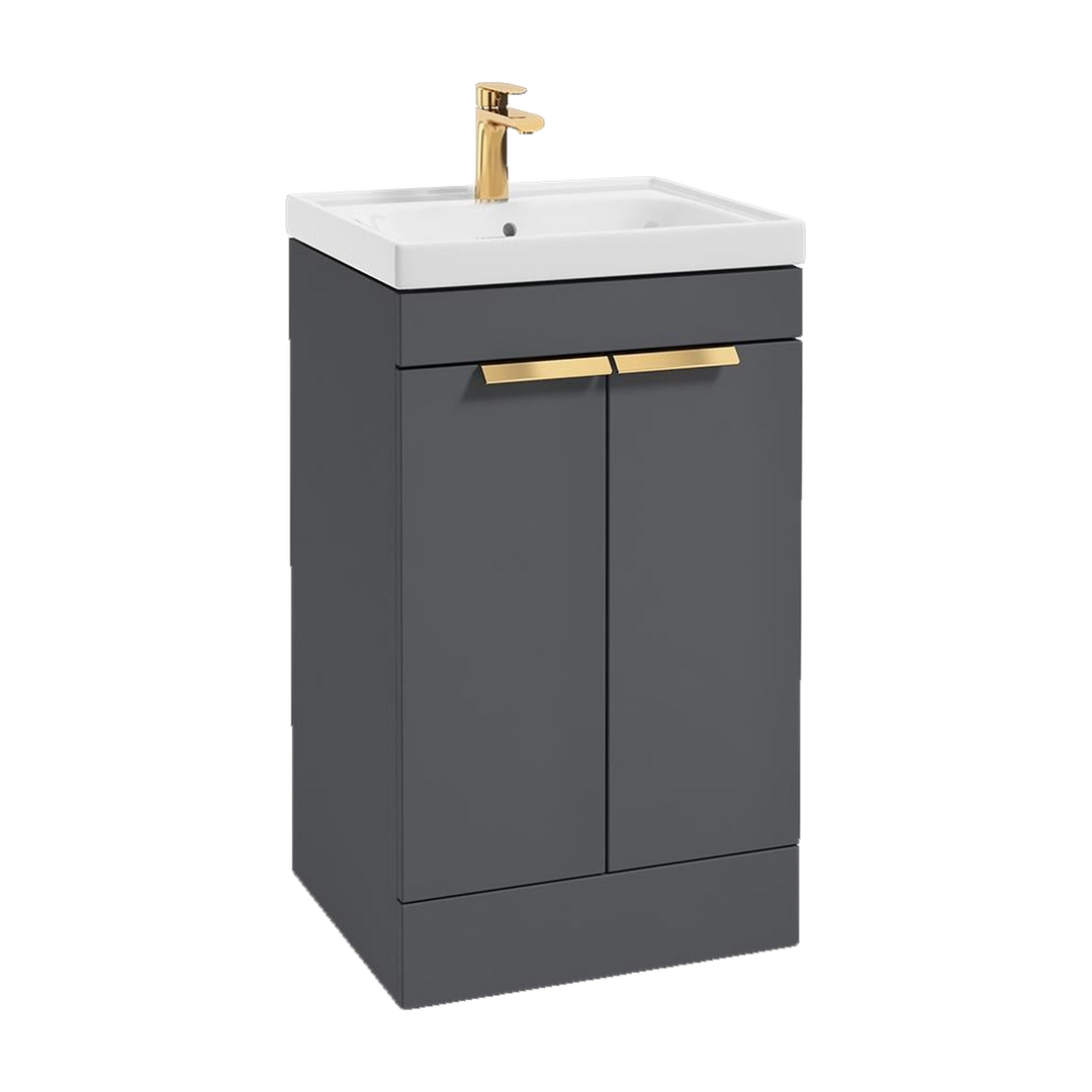 SONAS Stockholm 50cm floorstanding two door vanity unit in Matt Midnight Grey with brushed gold handles