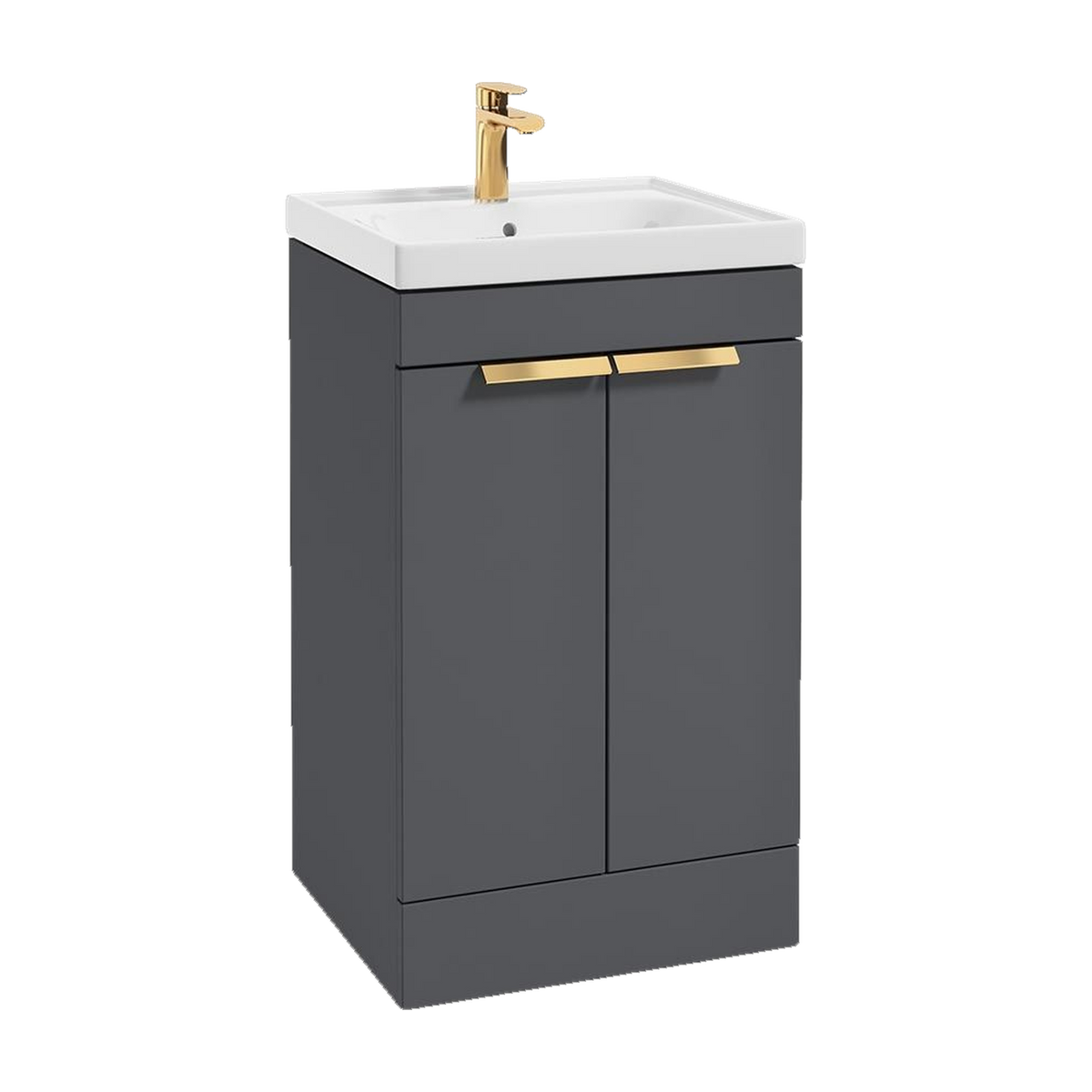 SONAS Stockholm 50cm floorstanding two door vanity unit in Matt Midnight Grey with brushed gold handles
