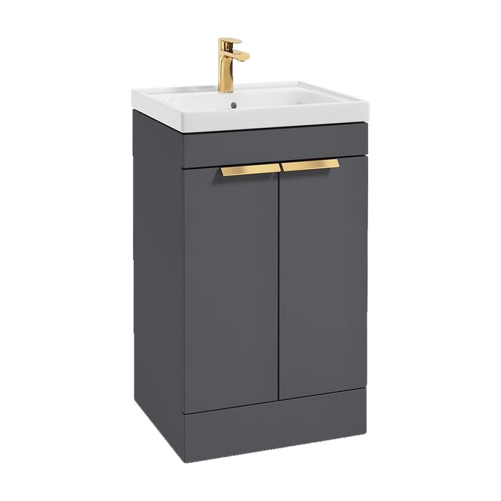 SONAS Stockholm 50cm floorstanding two door vanity unit in Matt Midnight Grey with brushed gold handles