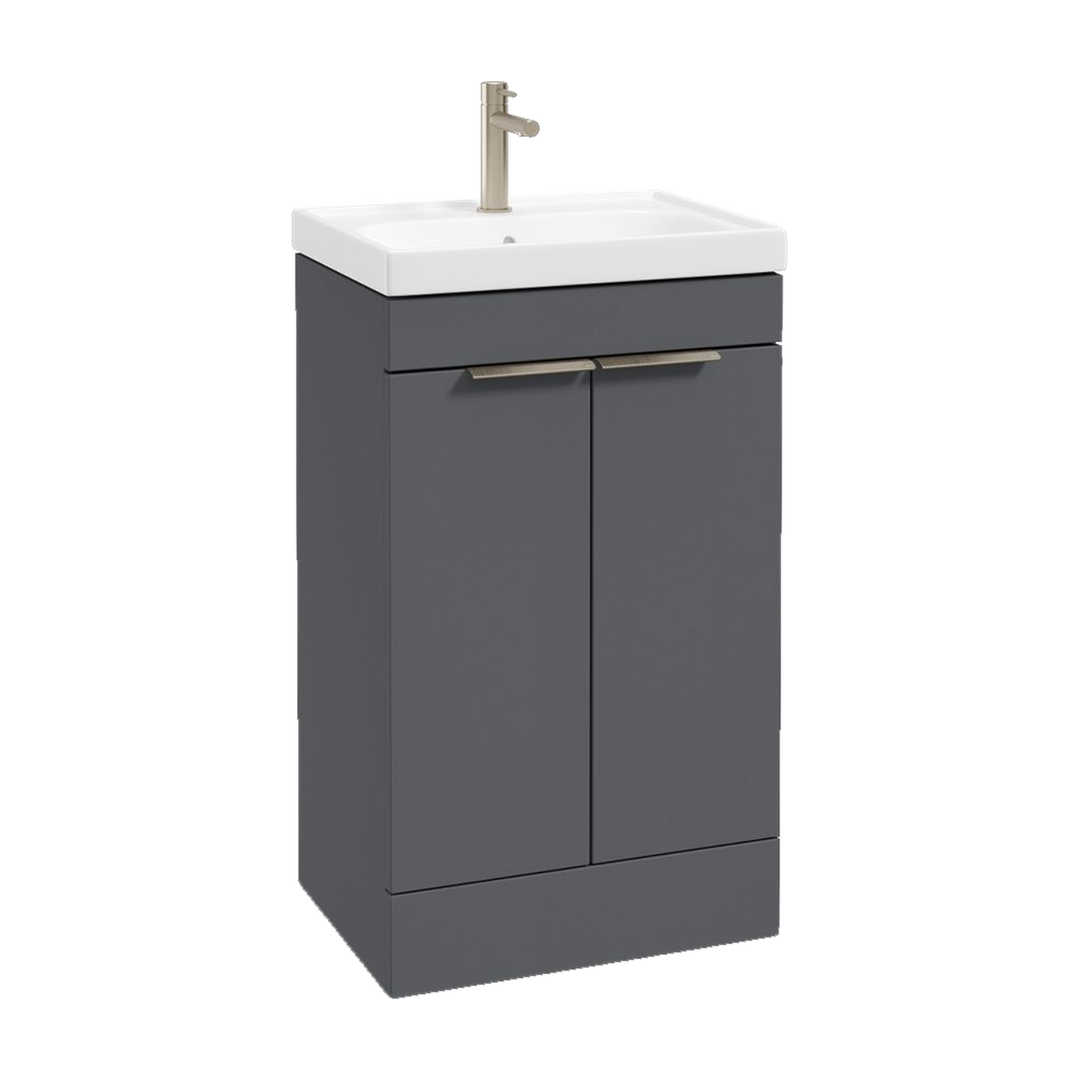 SONAS Stockholm 50cm floorstanding two door vanity unit in Matt Midnight Grey with brushed nickel handles