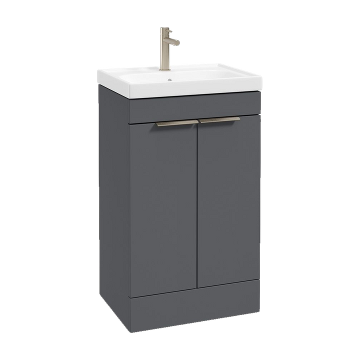 SONAS Stockholm 50cm floorstanding two door vanity unit in Matt Midnight Grey with brushed nickel handles