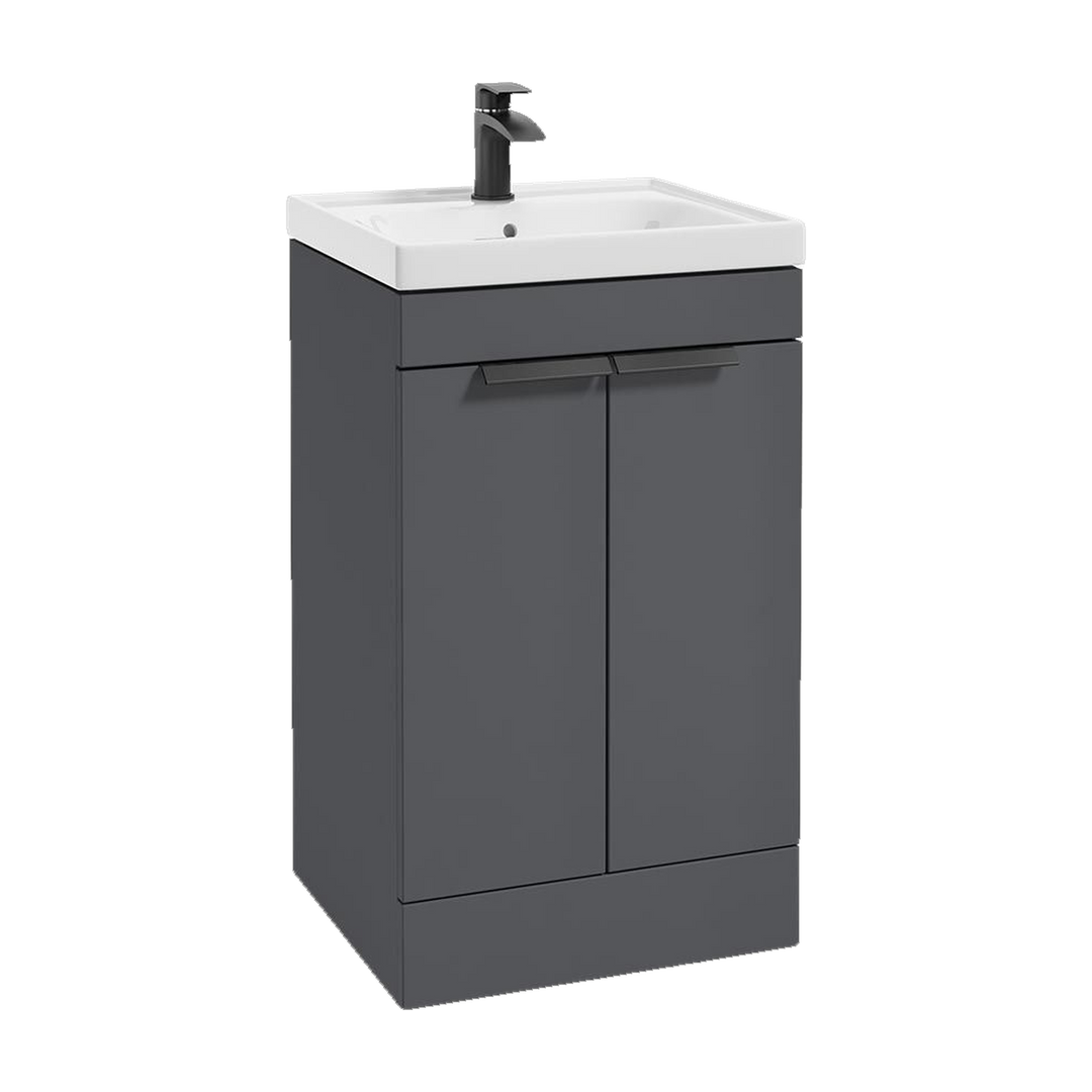 SONAS Stockholm 50cm floorstanding two door vanity unit in Matt Midnight Grey with matt black handles