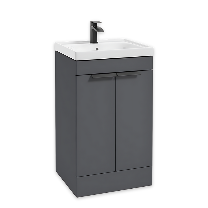 SONAS Stockholm 50cm floorstanding two door vanity unit in Matt Midnight Grey with matt black handles