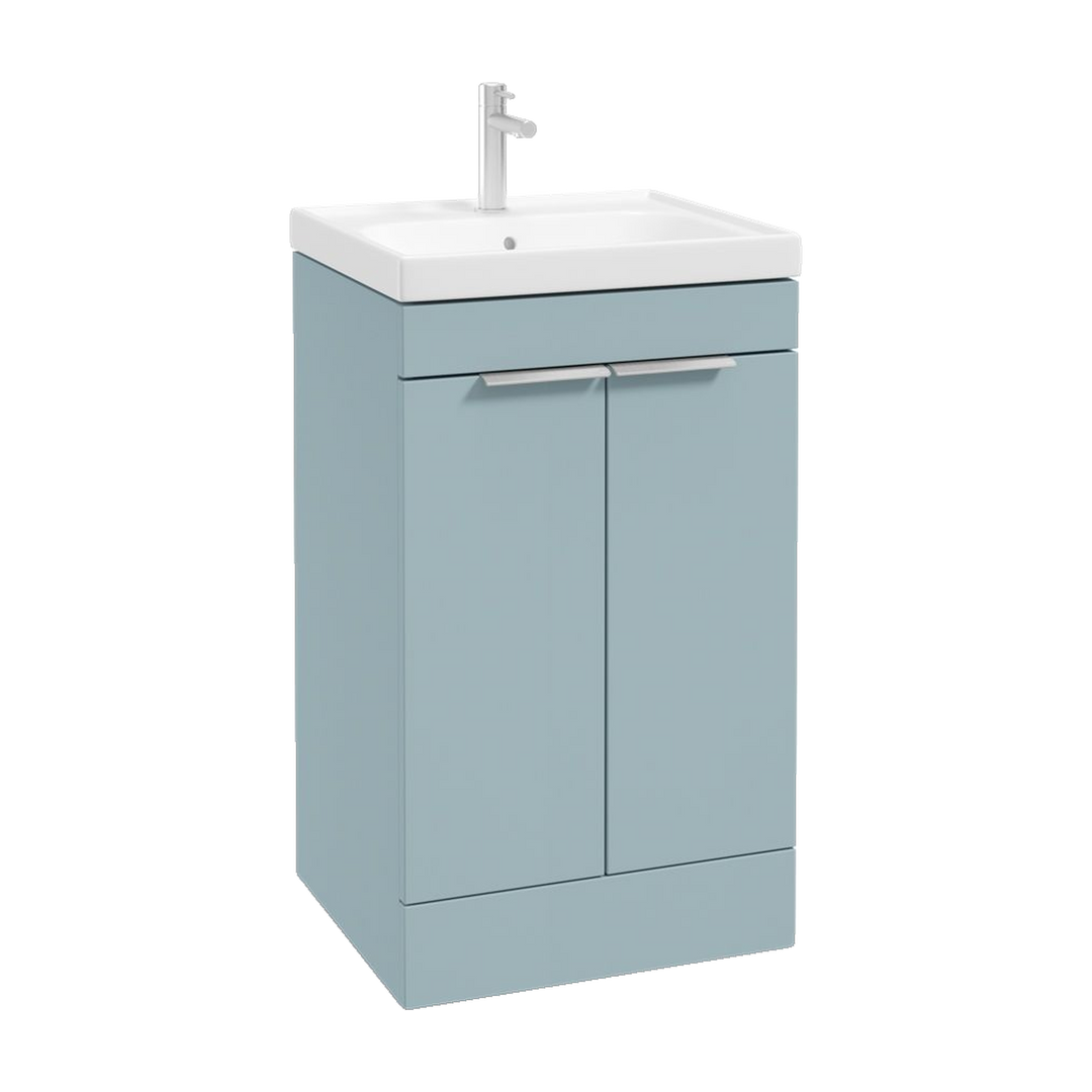 SONAS Stockholm 50cm floorstanding two door vanity unit in Matt Morning Sky Blue with brushed chrome handles