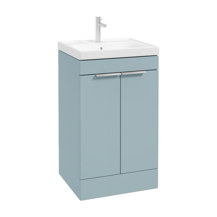 SONAS Stockholm 50cm floorstanding two door vanity unit in Matt Morning Sky Blue with brushed chrome handles