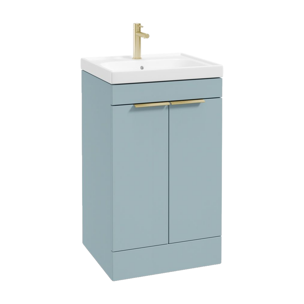 SONAS Stockholm 50cm floorstanding two door vanity unit in Matt Morning Sky Blue with brushed gold handles