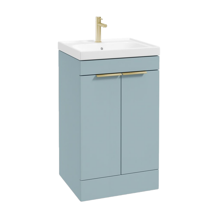 SONAS Stockholm 50cm floorstanding two door vanity unit in Matt Morning Sky Blue with brushed gold handles